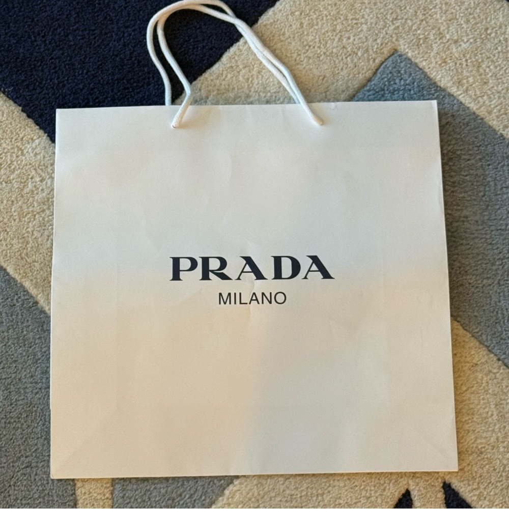 Prada Milano Boutique Classic White Large Shopping Bag w/ Navy Blue Logo